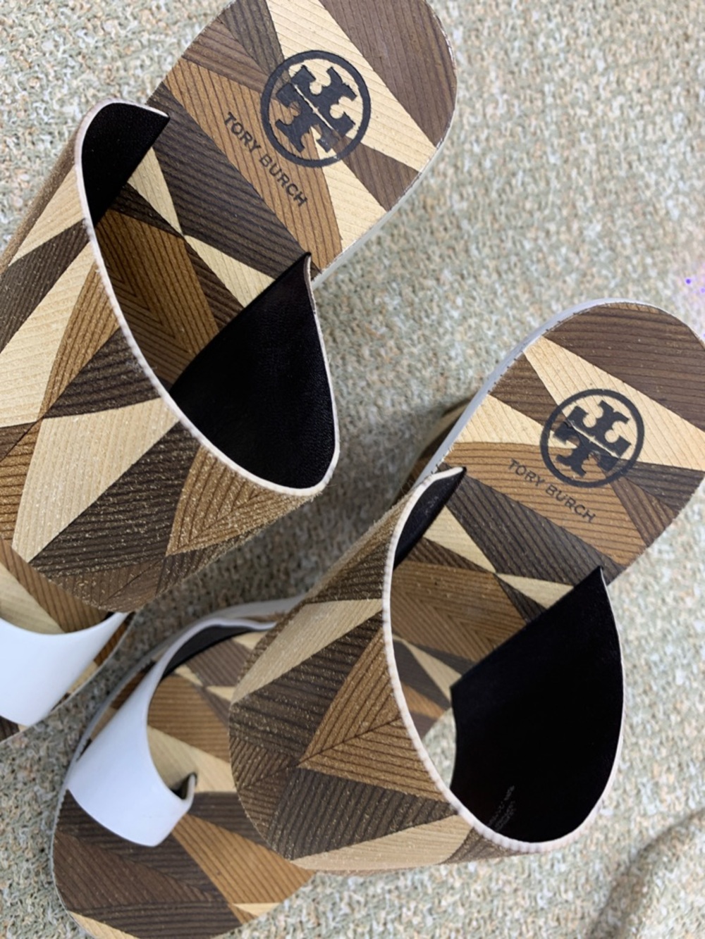 Tory Burch Brown and White Geometric Slide Sandals - Picture 2 of 8